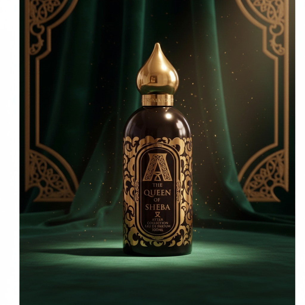 Attar Collection Queen Of Sheba Eau De Parfum 100ml on a luxurious emerald and gold background