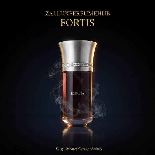 Liquides Imaginaires Fortis with ZALLUXPERFUMEHUB branding and fragrance notes