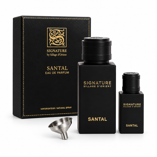 Signature by Sillage d’Orient Santal Eau de Parfum set with box, travel spray and funnel on a white background
