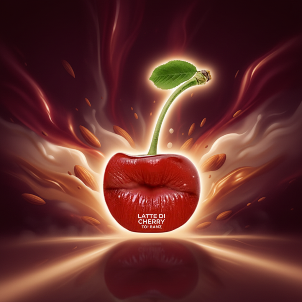 Latte Di Cherry Extrait de Parfum 50ml with a cherry, creamy latte, vanilla caramel and sandalwood-inspired background