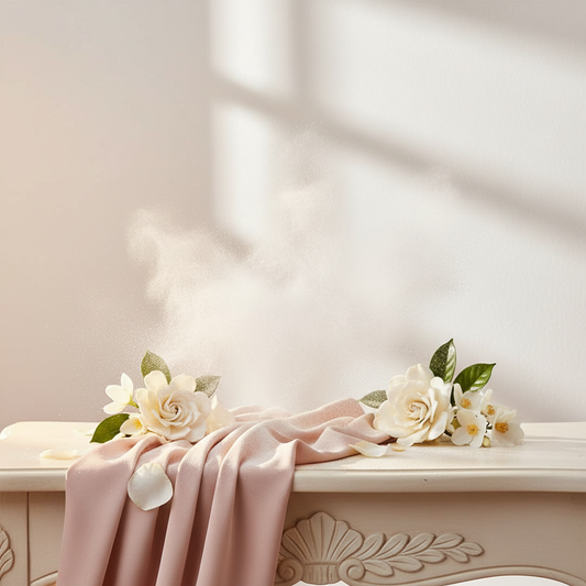 Powdery musky fragrance mood with soft pink silk and white flowers