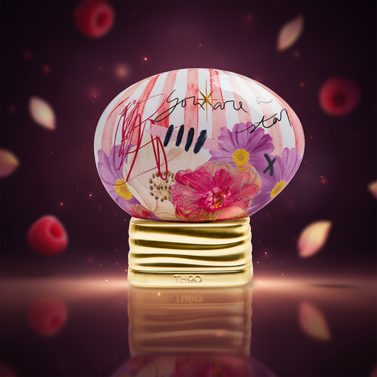 THoO Guilty Crush EDP 75ml perfume bottle with a deep berry, raspberry, rose and vanilla-inspired background