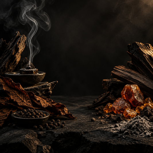 Ashes smoky woods, incense, tobacco and amber visual