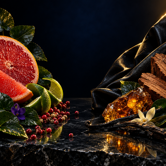 Icon citrus, leather, amber and vanilla inspired visual