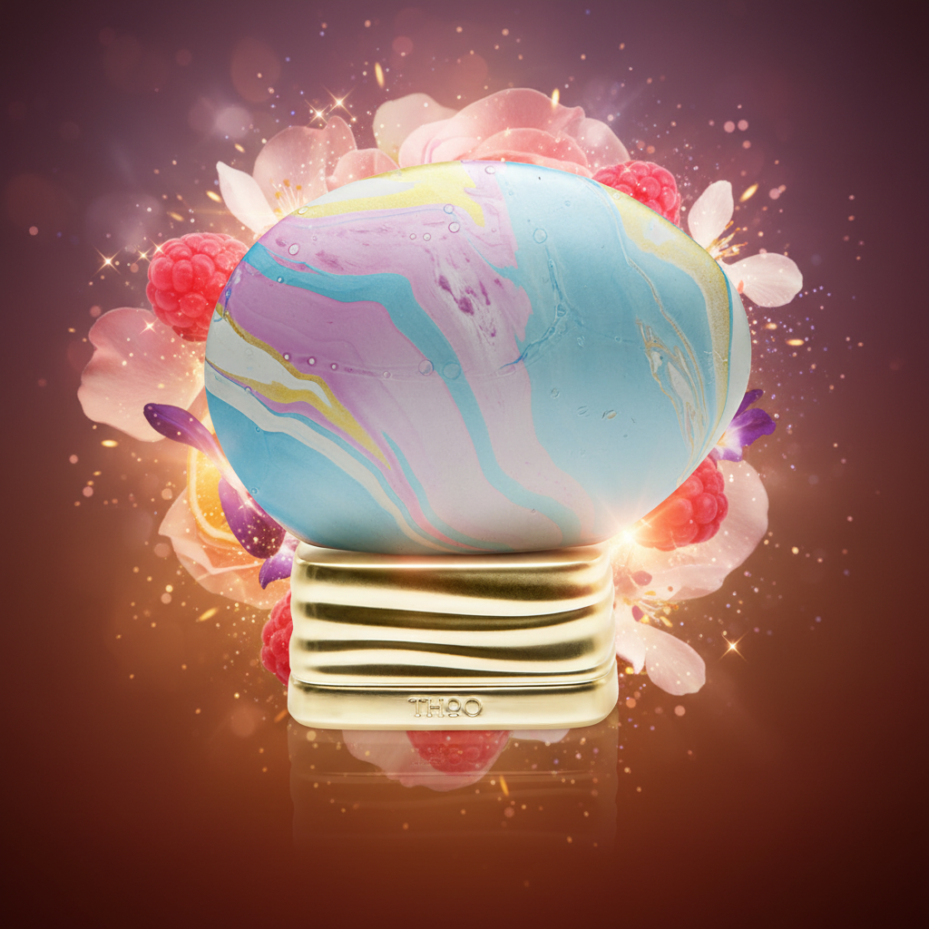 THoO Never Ending EDP 75ml perfume bottle with a bergamot, raspberry, rose and amber-inspired background