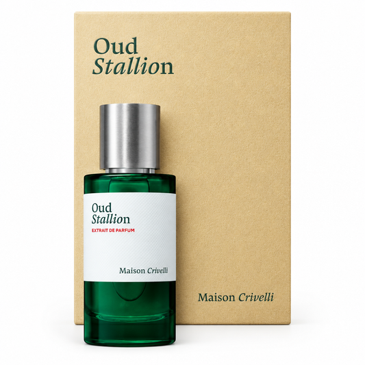 Maison Crivelli Oud Stallion Extrait de Parfum 50ml bottle with box on a white background
