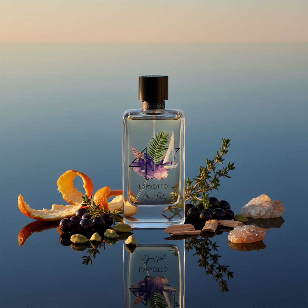 Larvotto Eau de Parfum with mandarin orange, black currant, bergamot, thyme, cedar, cardamom and patchouli notes