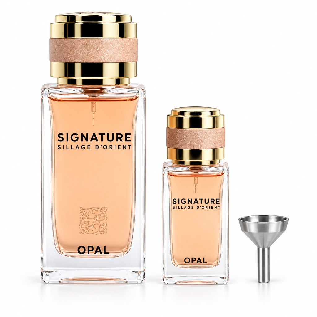 Signature by Sillage d’Orient Opal Eau de Parfum 100ml and 15ml set with funnel on a white background