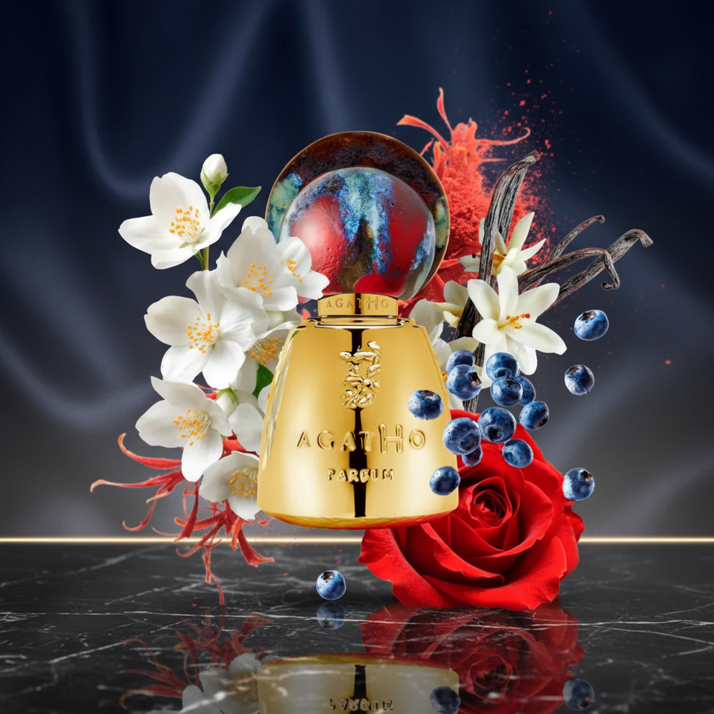 CASTIAMANTI Extrait de Parfum 100ml on a premium sapphire blue, black marble and gold background