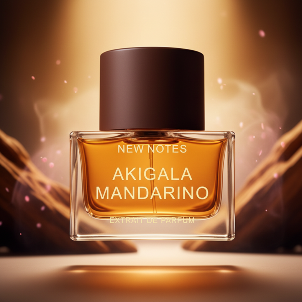 Akigala Mandarino Extrait de Parfum 50ml with a mandarin, spice and woody notes-inspired background