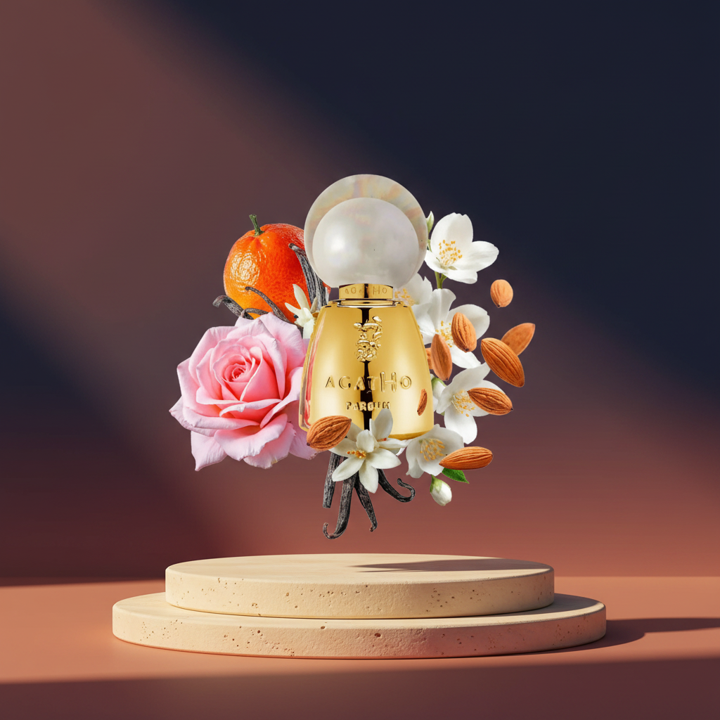 ROSSOPOMPEIANO Extrait de Parfum 100ml on a terracotta, navy and rose-gold luxury background