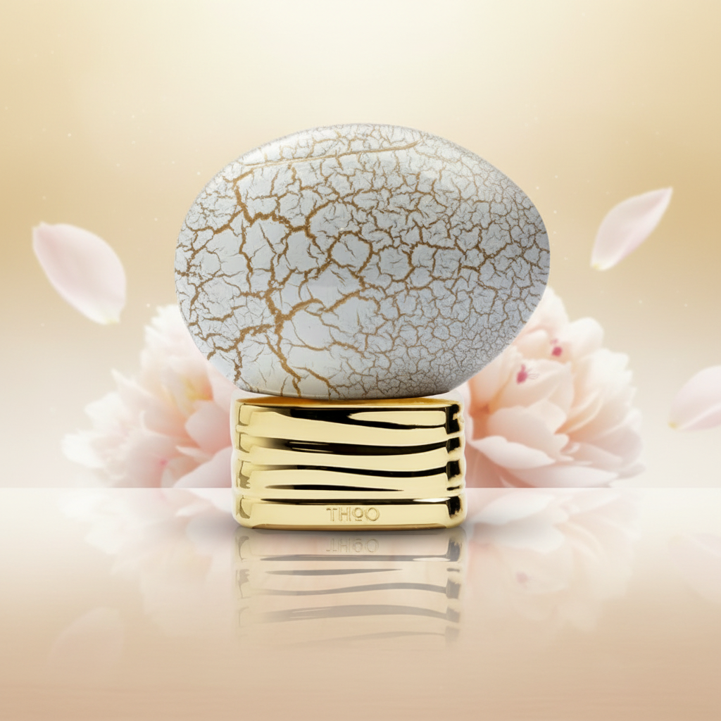 THoO Breath of the Infinite perfume bottle with a fresh floral woody notes-inspired background