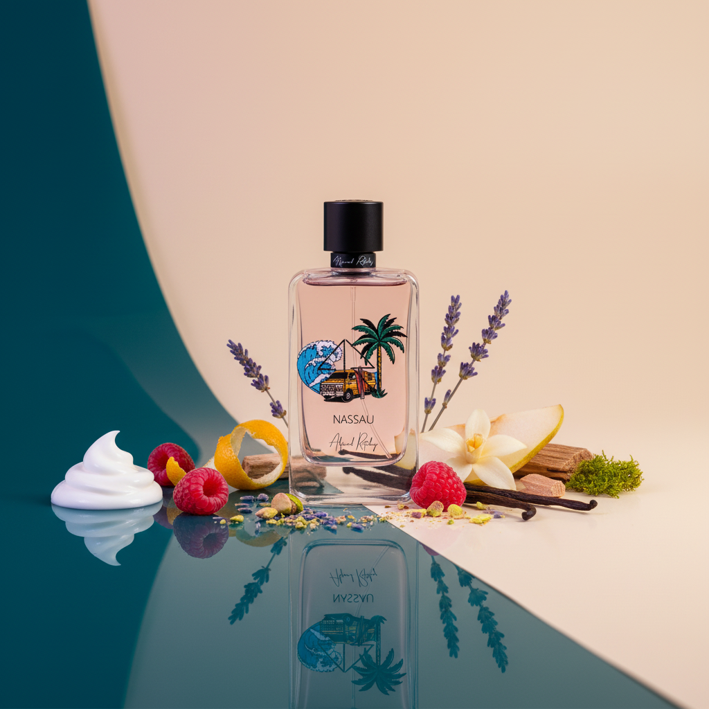 Nassau Eau de Parfum with coconut, raspberry, bergamot, pear, whipped cream, praline, vanilla and musk notes