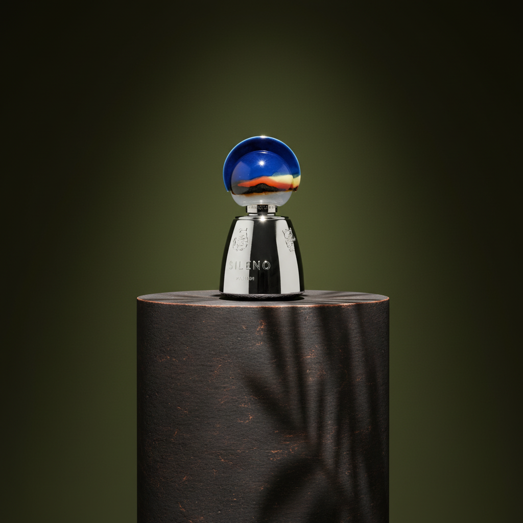 Sileno Extrait de Parfum 100ml on a premium olive green, smoky black and bronze background