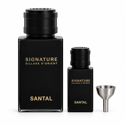 Signature by Sillage d’Orient Santal Eau de Parfum 100ml and 15ml set with funnel on a white background
