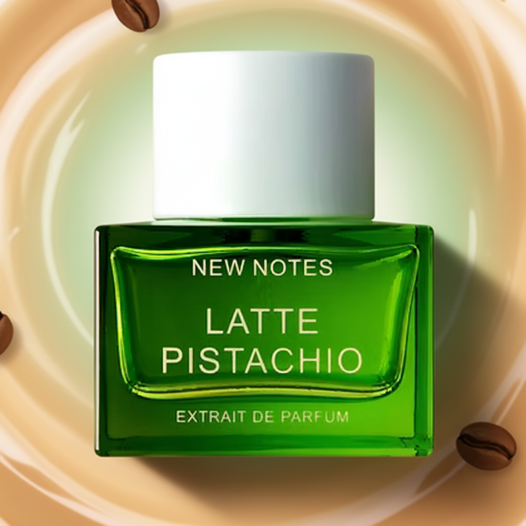 Latte Pistachio Extrait de Parfum 50ml with a pistachio, latte, vanilla and sandalwood-inspired background