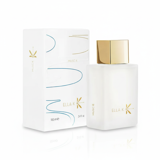 ELLA K Parfums Musc K Parfum 100ml bottle and packaging on a white background