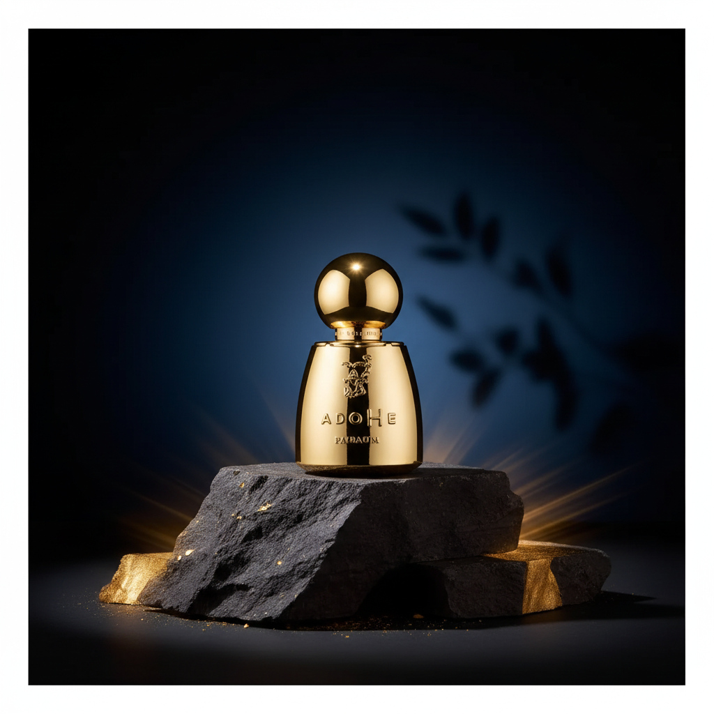 ADONE Extrait de Parfum 100ml on a premium cobalt blue and gold luxury background