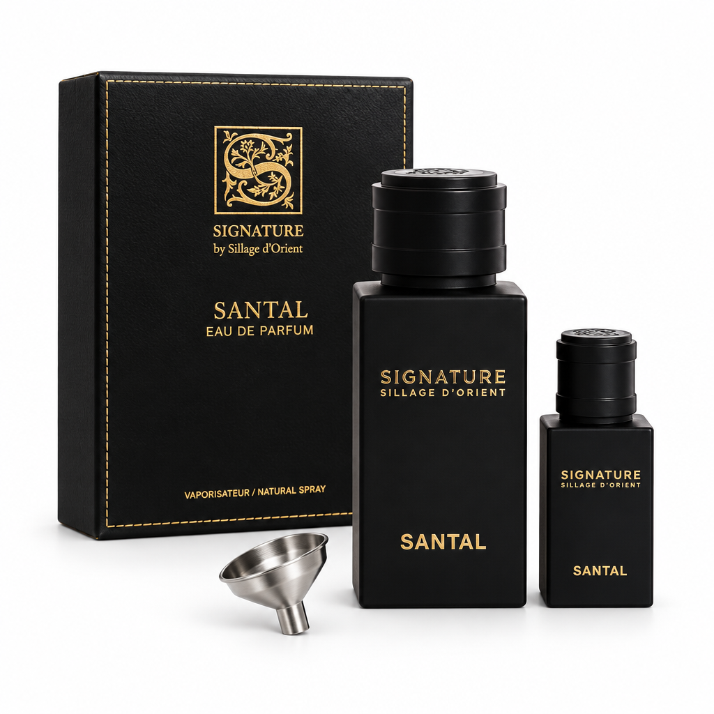 Signature by Sillage d’Orient Santal Eau de Parfum set with box, travel spray and funnel on a white background