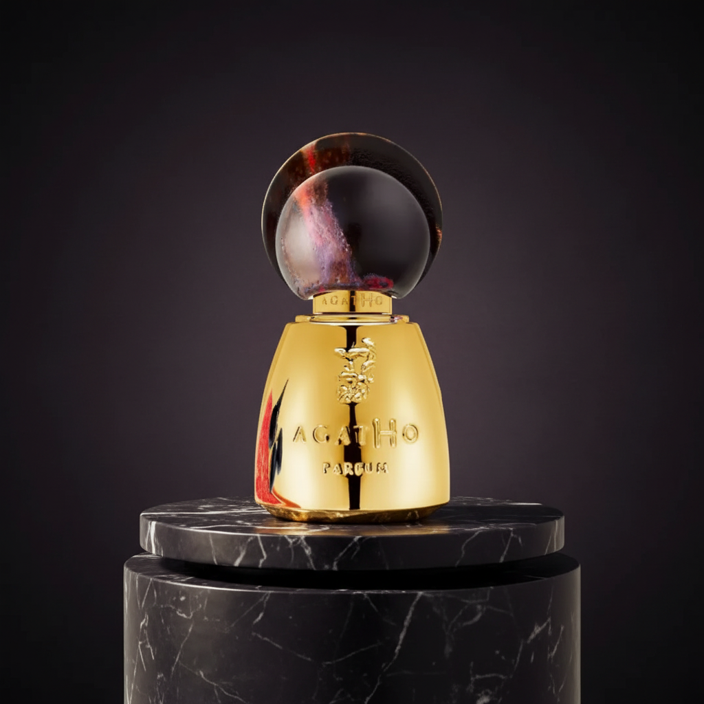 ADONE Extrait de Parfum 100ml on a premium plum, charcoal and gold luxury background