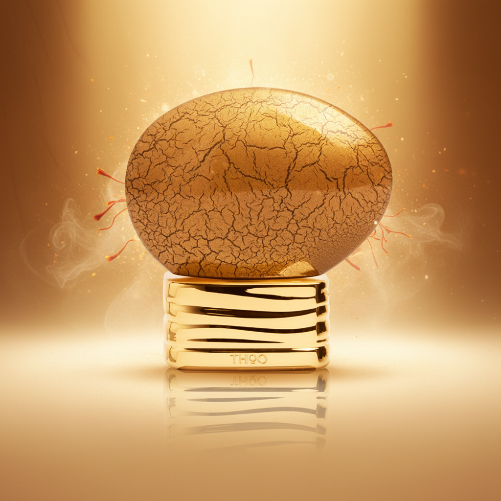 THoO Golden Powder EDP 75ml perfume bottle with a saffron-gold, amber and cinnamon-inspired background