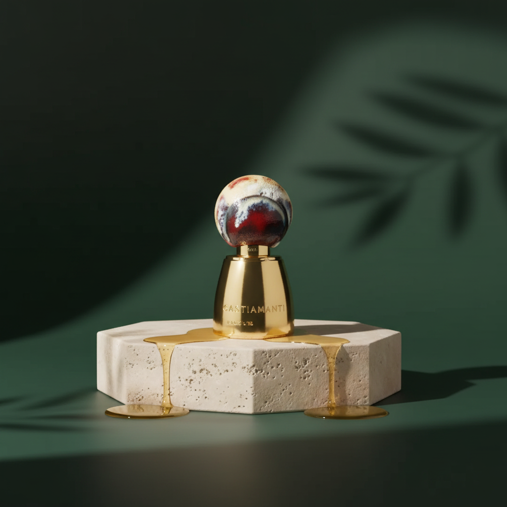 CASTIAMANTI Extrait de Parfum 100ml on a premium forest green, ivory stone and gold background