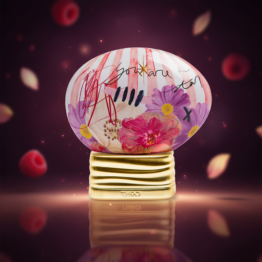 THoO Guilty Crush EDP 75ml perfume bottle with a deep berry, raspberry, rose and vanilla-inspired background
