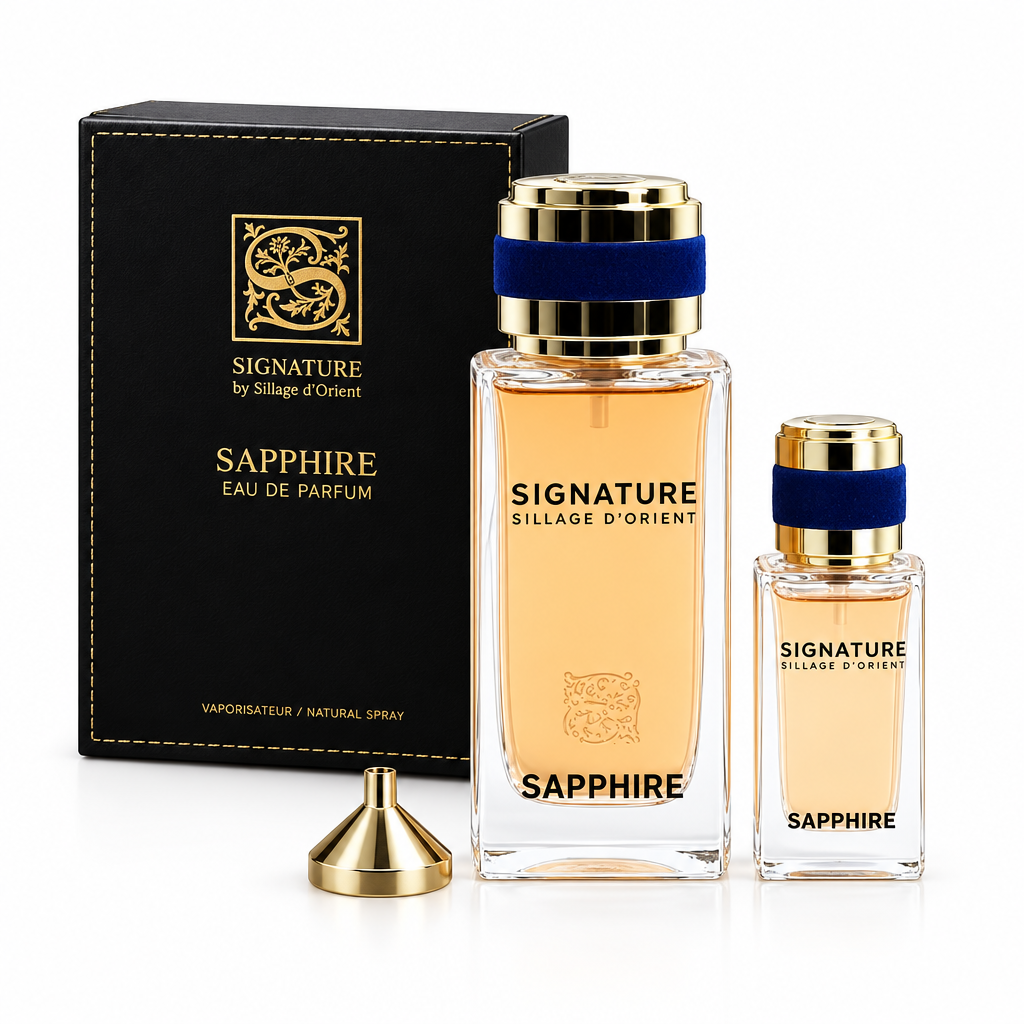 Signature by Sillage d’Orient Sapphire Eau de Parfum set with box, travel spray and funnel on a white background