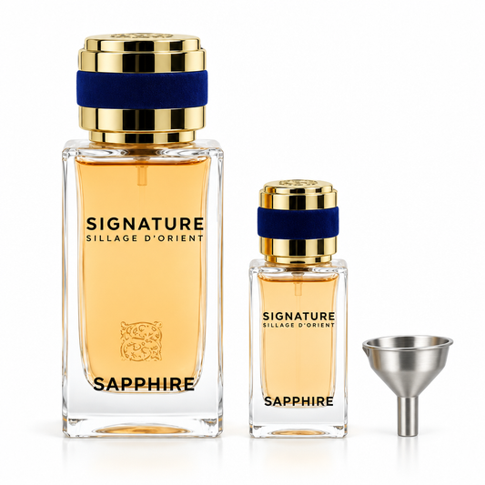 Signature by Sillage d’Orient Sapphire Eau de Parfum 100ml and 15ml set with funnel on a white background
